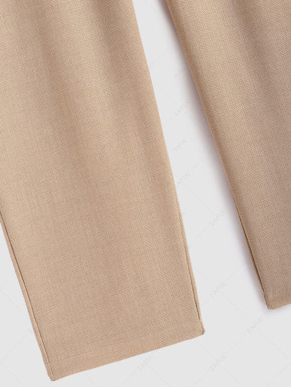 Men\'s Cotton And Linen Textured Pocket Design Camp Collar Button Up Short Sleeves Shirt And Drawstring Straight Leg Pants Set   BLACK LIGHT BLUE COFFEE