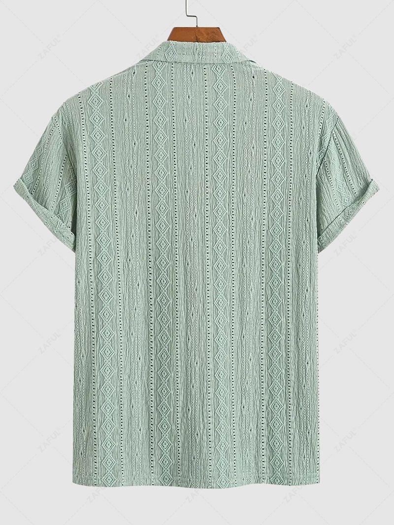 Men\'s Solid Color Textured Openwork Polo Collar Half Buttoned Short Sleeves Shirt   LIGHT GREEN DEEP COFFEE