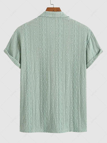 Men\'s Solid Color Textured Openwork Polo Collar Half Buttoned Short Sleeves Shirt   LIGHT GREEN DEEP COFFEE