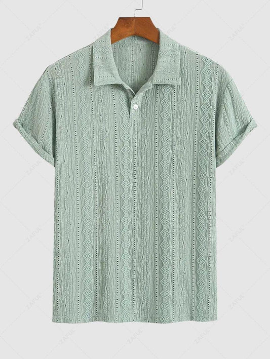 Men\'s Solid Color Textured Openwork Polo Collar Half Buttoned Short Sleeves Shirt   LIGHT GREEN DEEP COFFEE