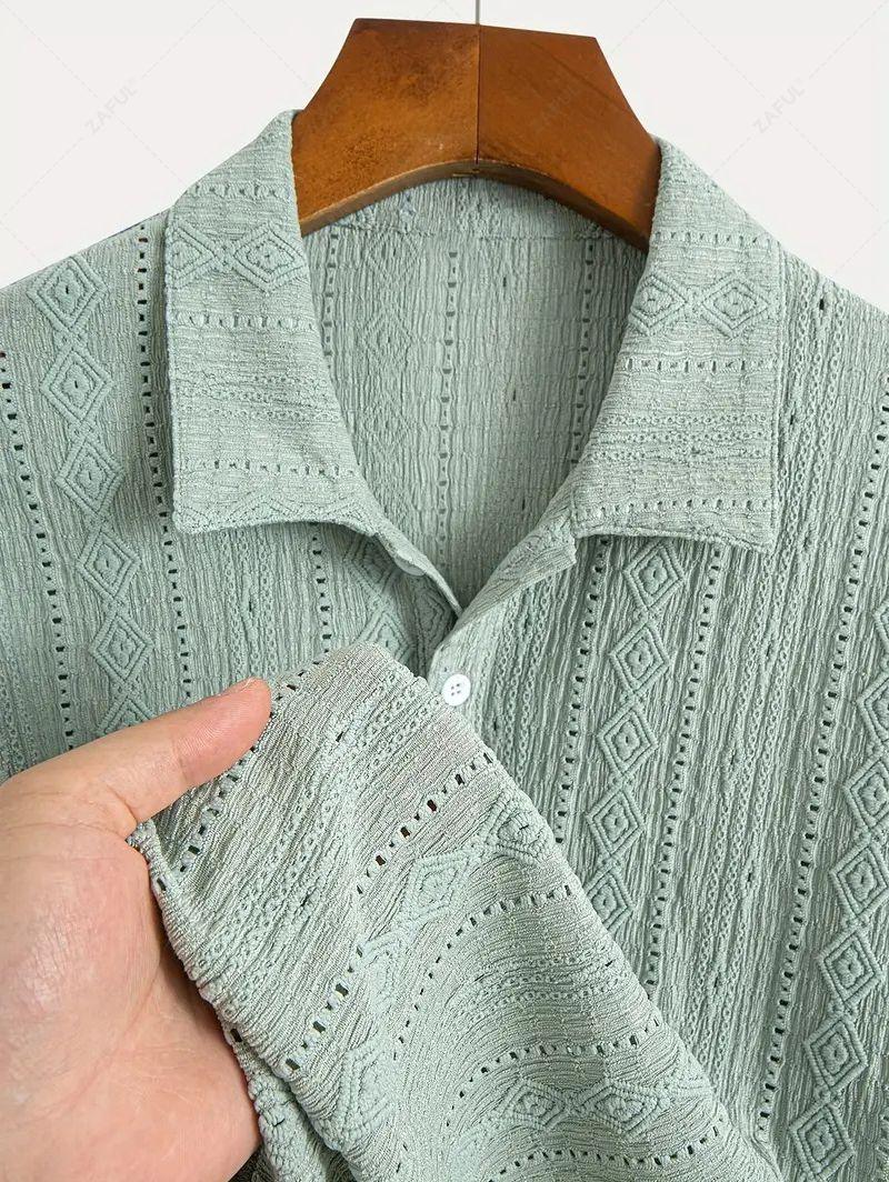 Men\'s Solid Color Textured Openwork Polo Collar Half Buttoned Short Sleeves Shirt   LIGHT GREEN DEEP COFFEE
