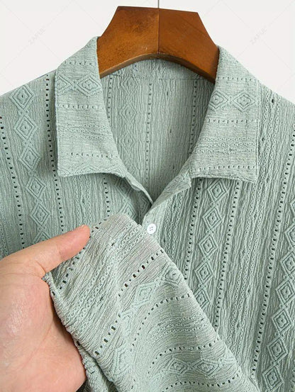 Men\'s Solid Color Textured Openwork Polo Collar Half Buttoned Short Sleeves Shirt   LIGHT GREEN DEEP COFFEE