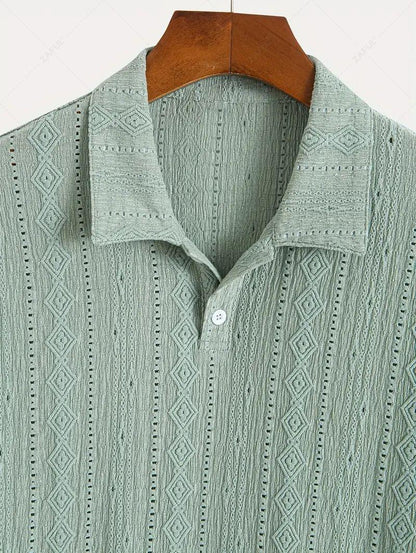 Men\'s Solid Color Textured Openwork Polo Collar Half Buttoned Short Sleeves Shirt   LIGHT GREEN DEEP COFFEE