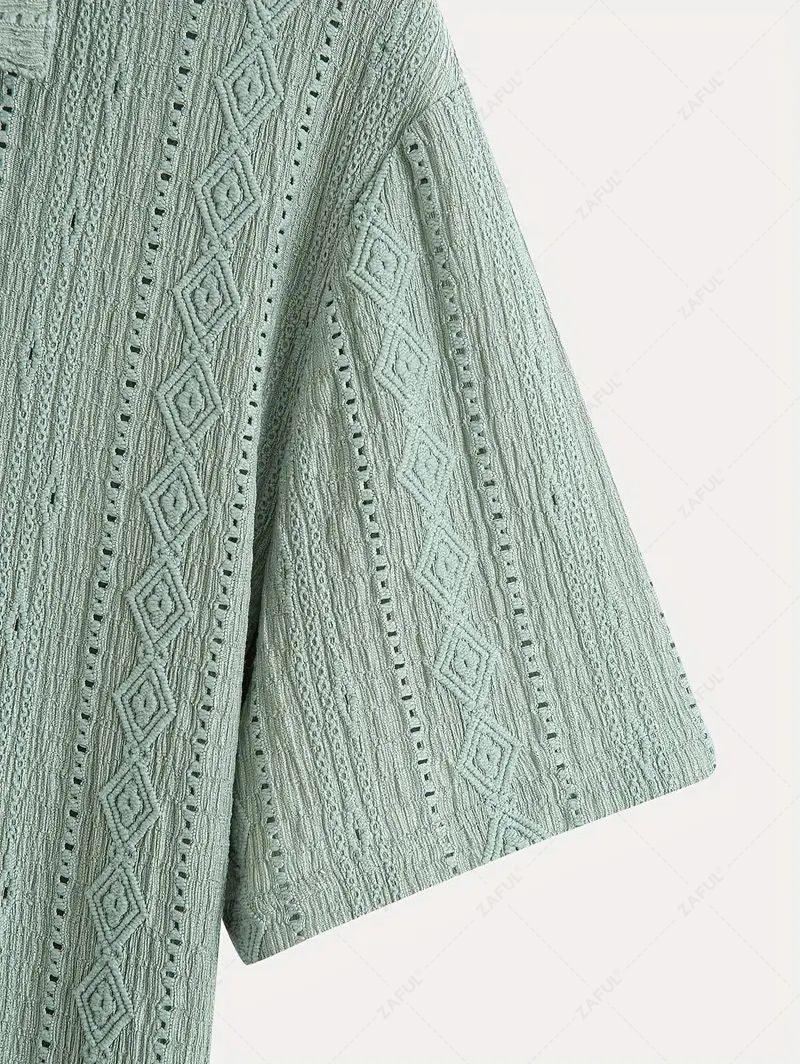 Men\'s Solid Color Textured Openwork Polo Collar Half Buttoned Short Sleeves Shirt   LIGHT GREEN DEEP COFFEE