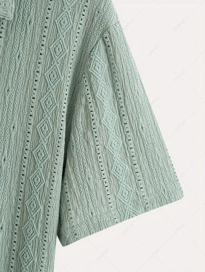 Men\'s Solid Color Textured Openwork Polo Collar Half Buttoned Short Sleeves Shirt   LIGHT GREEN DEEP COFFEE