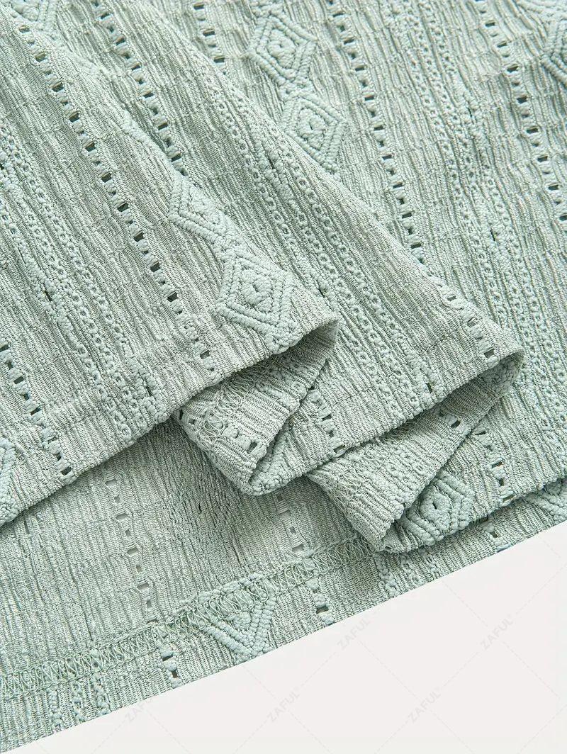 Men\'s Solid Color Textured Openwork Polo Collar Half Buttoned Short Sleeves Shirt   LIGHT GREEN DEEP COFFEE