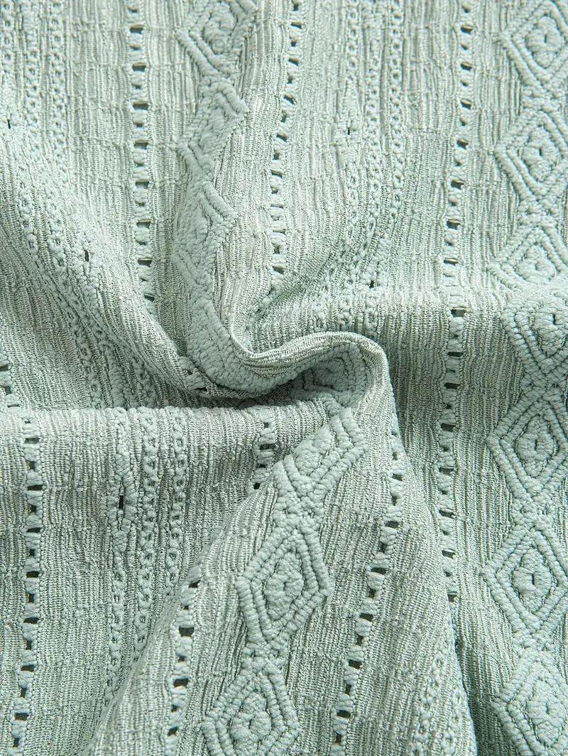 Men\'s Solid Color Textured Openwork Polo Collar Half Buttoned Short Sleeves Shirt   LIGHT GREEN DEEP COFFEE