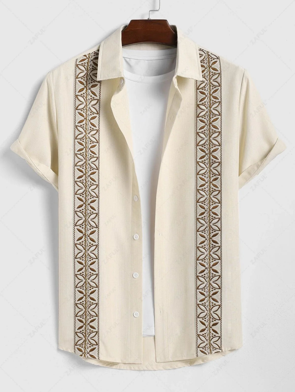 Men\'s Vintage Geometric Floral Leaves Shaped Embroidered Woven Tape Patched Button Up Short Sleeves Shirt   APRICOT