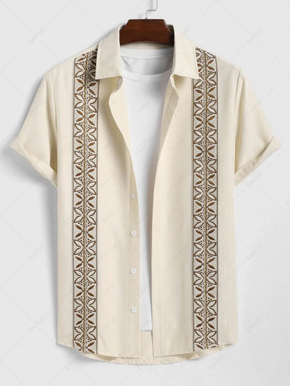 Men\'s Vintage Geometric Floral Leaves Shaped Embroidered Woven Tape Patched Button Up Short Sleeves Shirt   APRICOT
