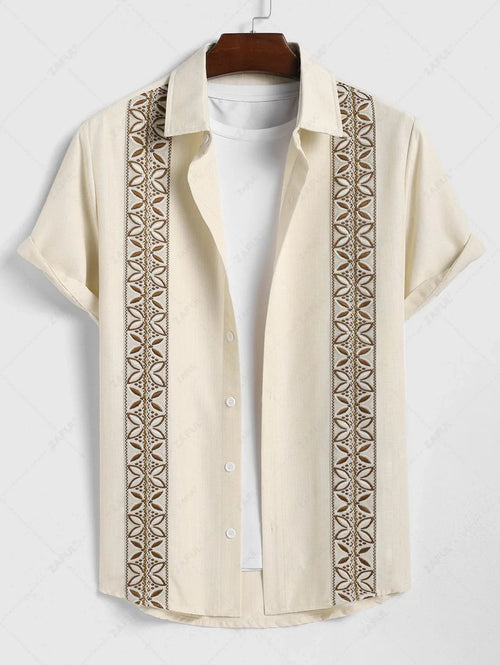 Men\'s Vintage Geometric Floral Leaves Shaped Embroidered Woven Tape Patched Button Up Short Sleeves Shirt   APRICOT