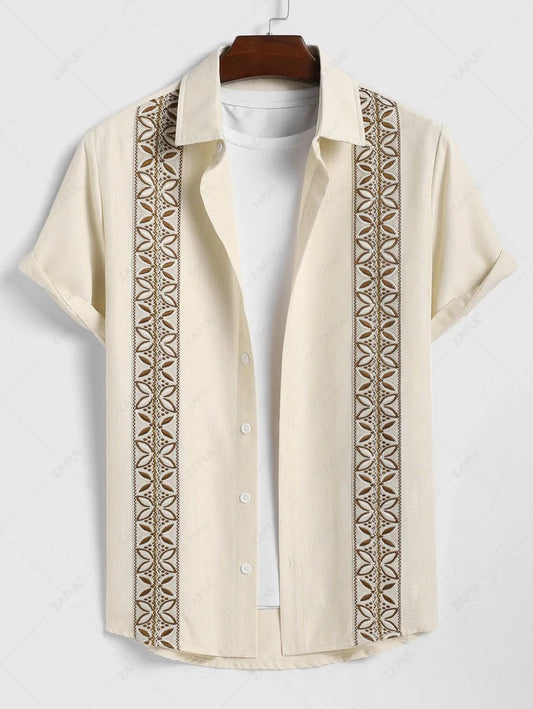 Men\'s Vintage Geometric Floral Leaves Shaped Embroidered Woven Tape Patched Button Up Short Sleeves Shirt   APRICOT