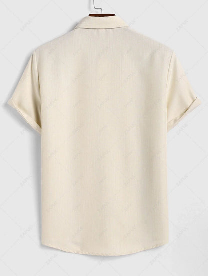 Men\'s Vintage Geometric Floral Leaves Shaped Embroidered Woven Tape Patched Button Up Short Sleeves Shirt   APRICOT