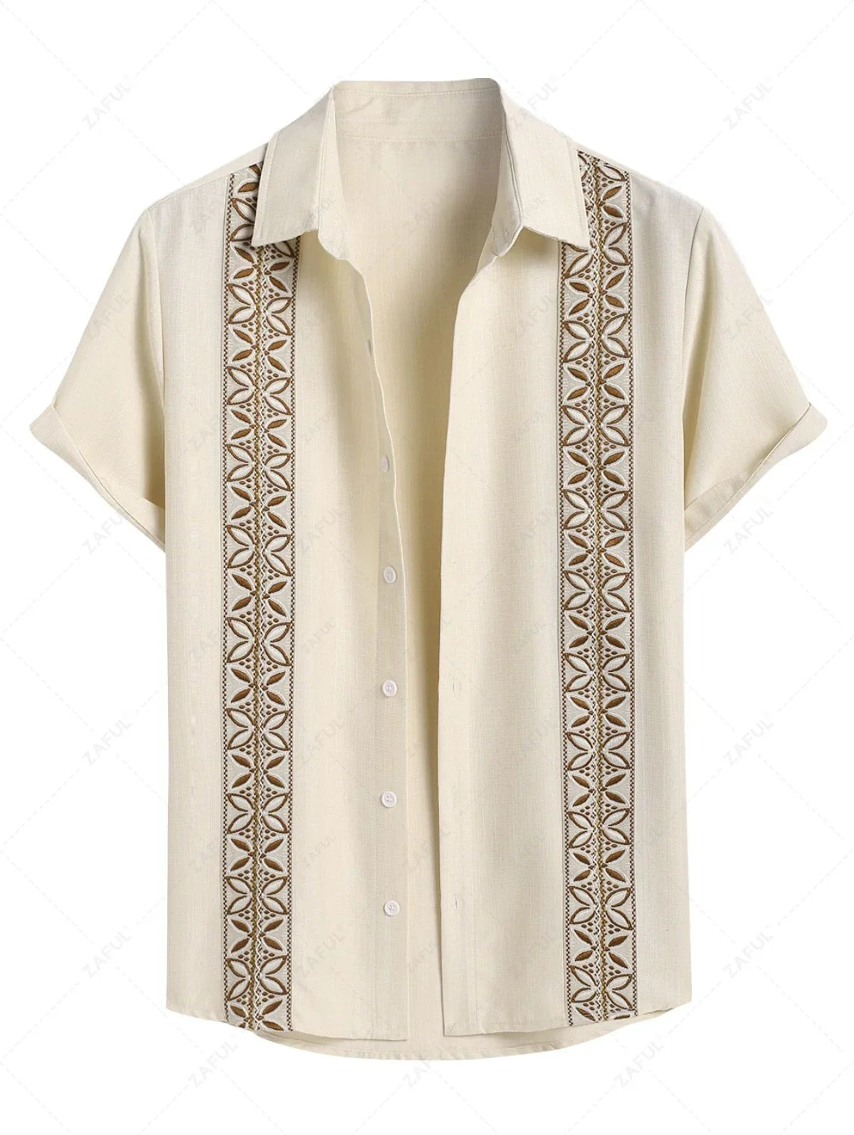 Men\'s Vintage Geometric Floral Leaves Shaped Embroidered Woven Tape Patched Button Up Short Sleeves Shirt   APRICOT