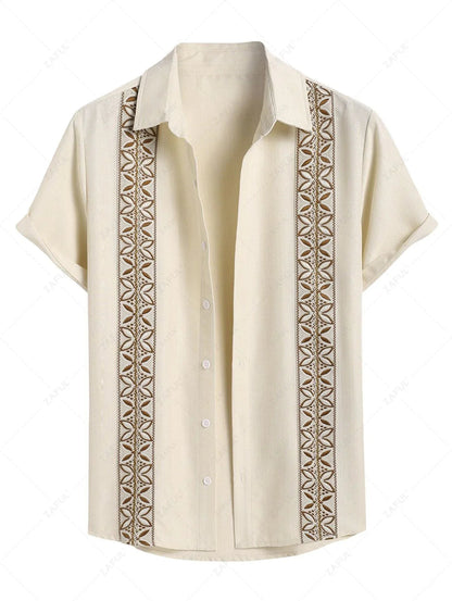 Men\'s Vintage Geometric Floral Leaves Shaped Embroidered Woven Tape Patched Button Up Short Sleeves Shirt   APRICOT