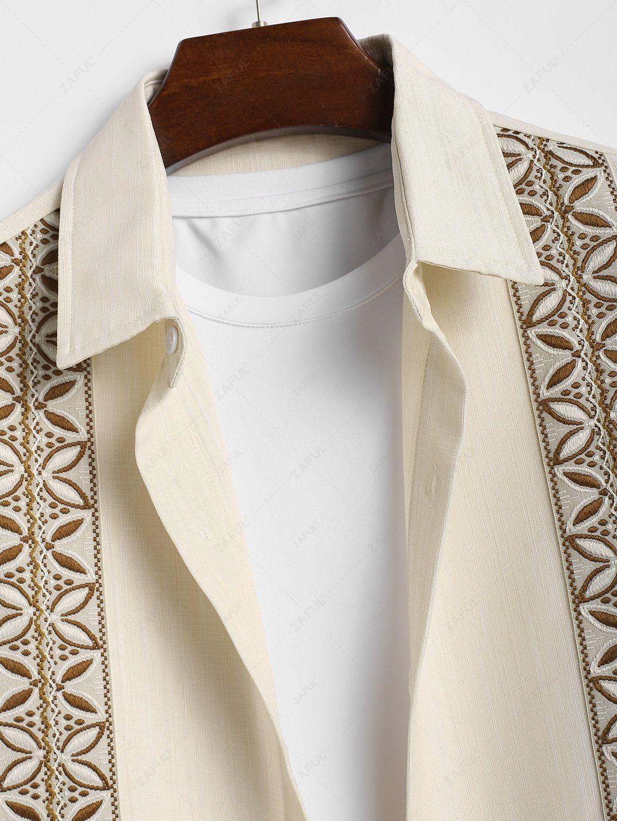 Men\'s Vintage Geometric Floral Leaves Shaped Embroidered Woven Tape Patched Button Up Short Sleeves Shirt   APRICOT