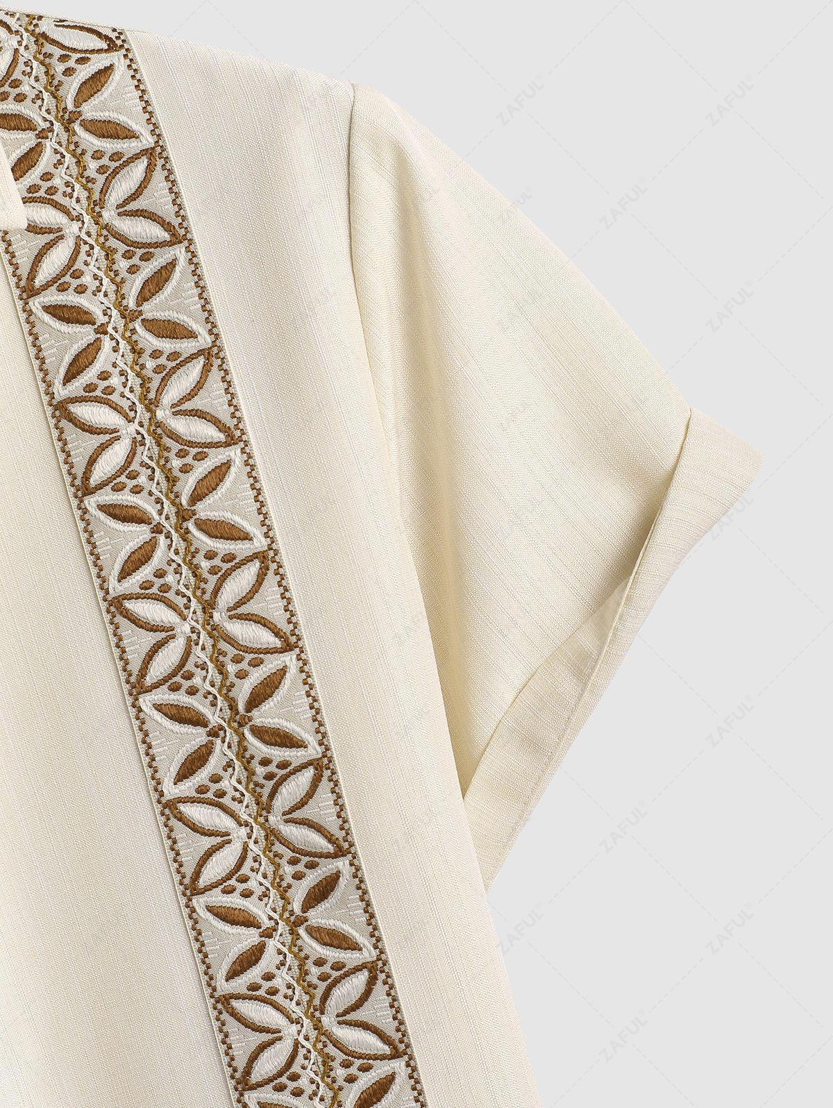 Men\'s Vintage Geometric Floral Leaves Shaped Embroidered Woven Tape Patched Button Up Short Sleeves Shirt   APRICOT