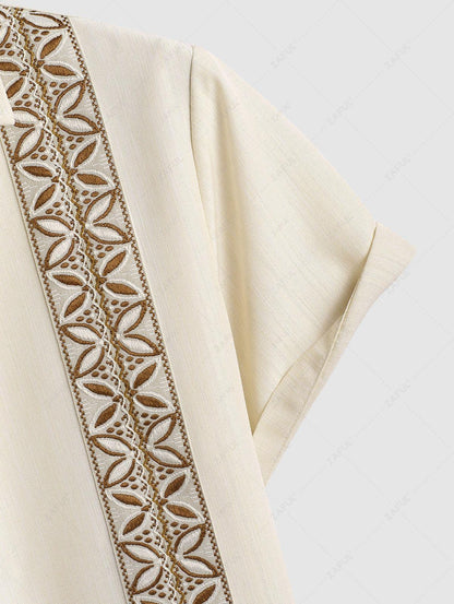 Men\'s Vintage Geometric Floral Leaves Shaped Embroidered Woven Tape Patched Button Up Short Sleeves Shirt   APRICOT