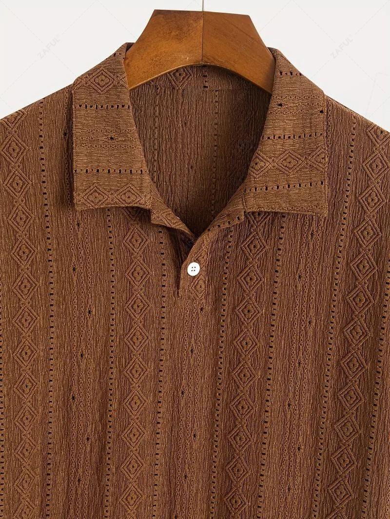 Men\'s Casual Textured Openwork Polo Collar Half Buttoned Short Sleeves Shirt And Cotton and Linen Straight Leg Pants Set   LIGHT GREEN COFFEE