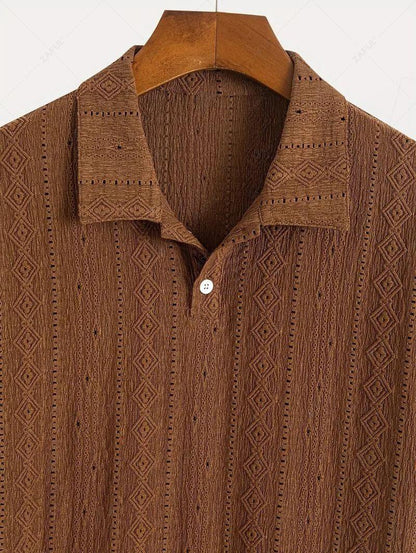 Men\'s Casual Textured Openwork Polo Collar Half Buttoned Short Sleeves Shirt And Cotton and Linen Straight Leg Pants Set   LIGHT GREEN COFFEE