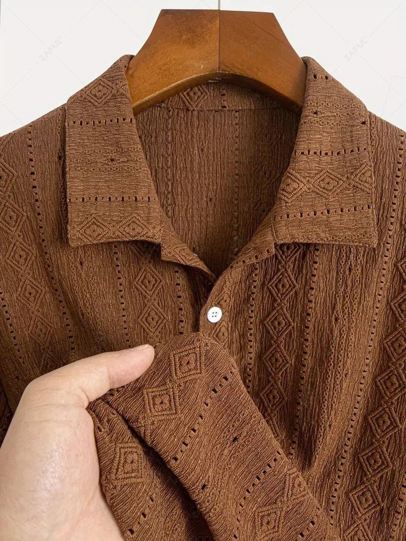 Men\'s Casual Textured Openwork Polo Collar Half Buttoned Short Sleeves Shirt And Cotton and Linen Straight Leg Pants Set   LIGHT GREEN COFFEE