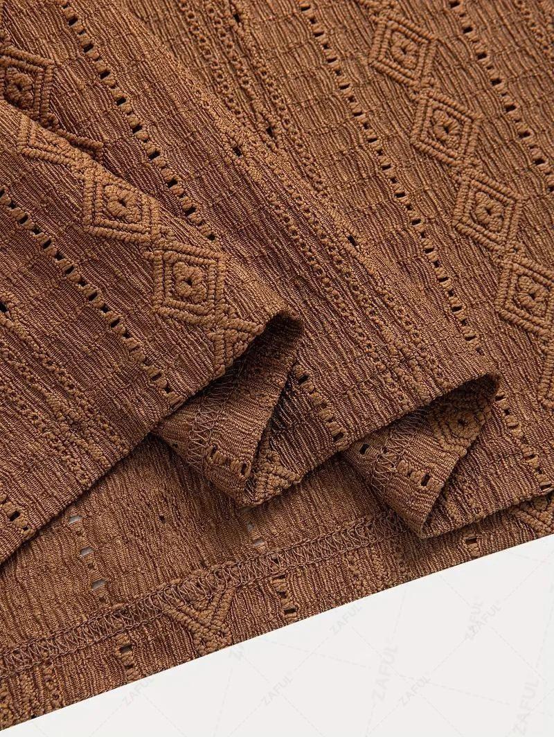 Men\'s Casual Textured Openwork Polo Collar Half Buttoned Short Sleeves Shirt And Cotton and Linen Straight Leg Pants Set   LIGHT GREEN COFFEE