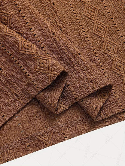 Men\'s Casual Textured Openwork Polo Collar Half Buttoned Short Sleeves Shirt And Cotton and Linen Straight Leg Pants Set   LIGHT GREEN COFFEE