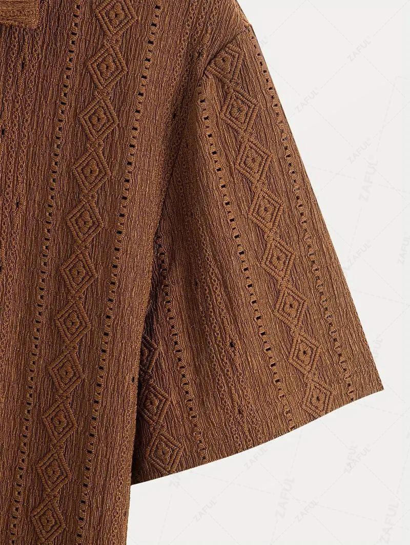 Men\'s Casual Textured Openwork Polo Collar Half Buttoned Short Sleeves Shirt And Cotton and Linen Straight Leg Pants Set   LIGHT GREEN COFFEE