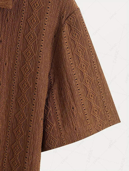 Men\'s Casual Textured Openwork Polo Collar Half Buttoned Short Sleeves Shirt And Cotton and Linen Straight Leg Pants Set   LIGHT GREEN COFFEE