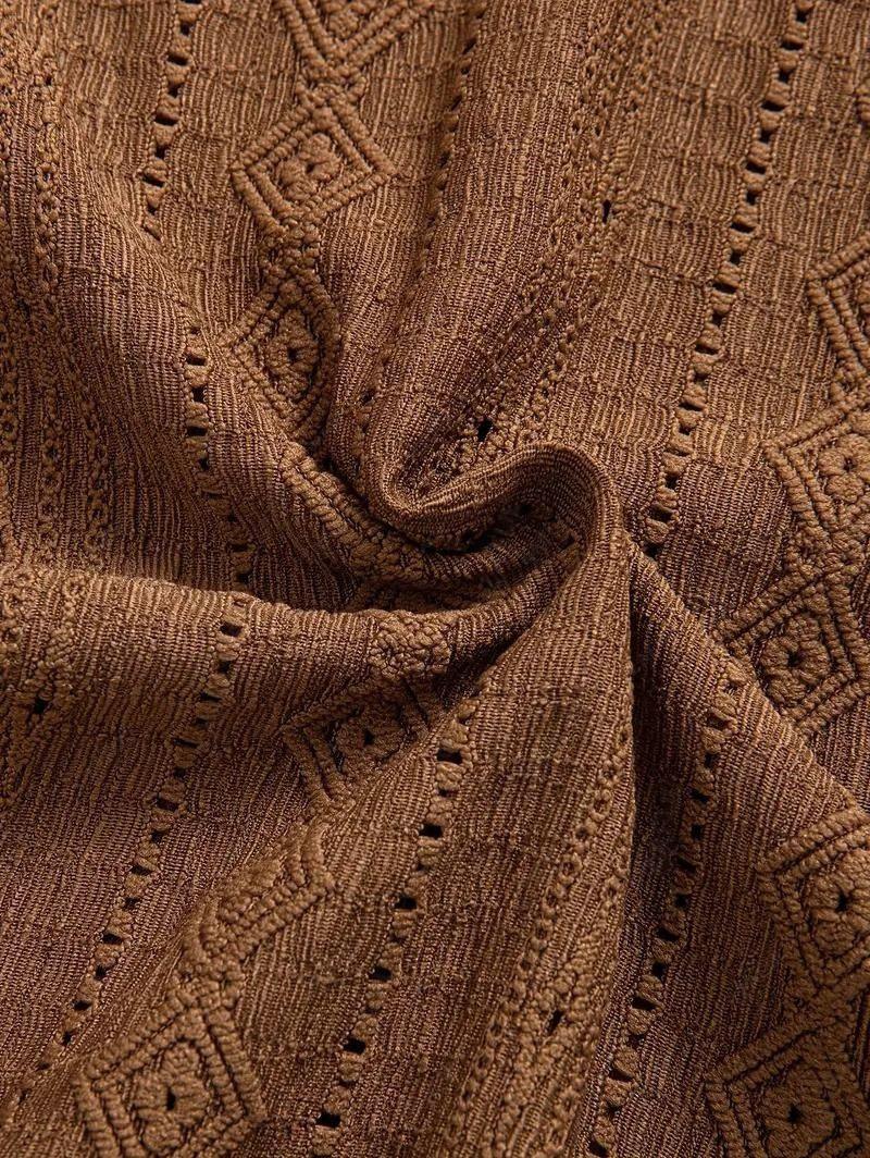 Men\'s Casual Textured Openwork Polo Collar Half Buttoned Short Sleeves Shirt And Cotton and Linen Straight Leg Pants Set   LIGHT GREEN COFFEE