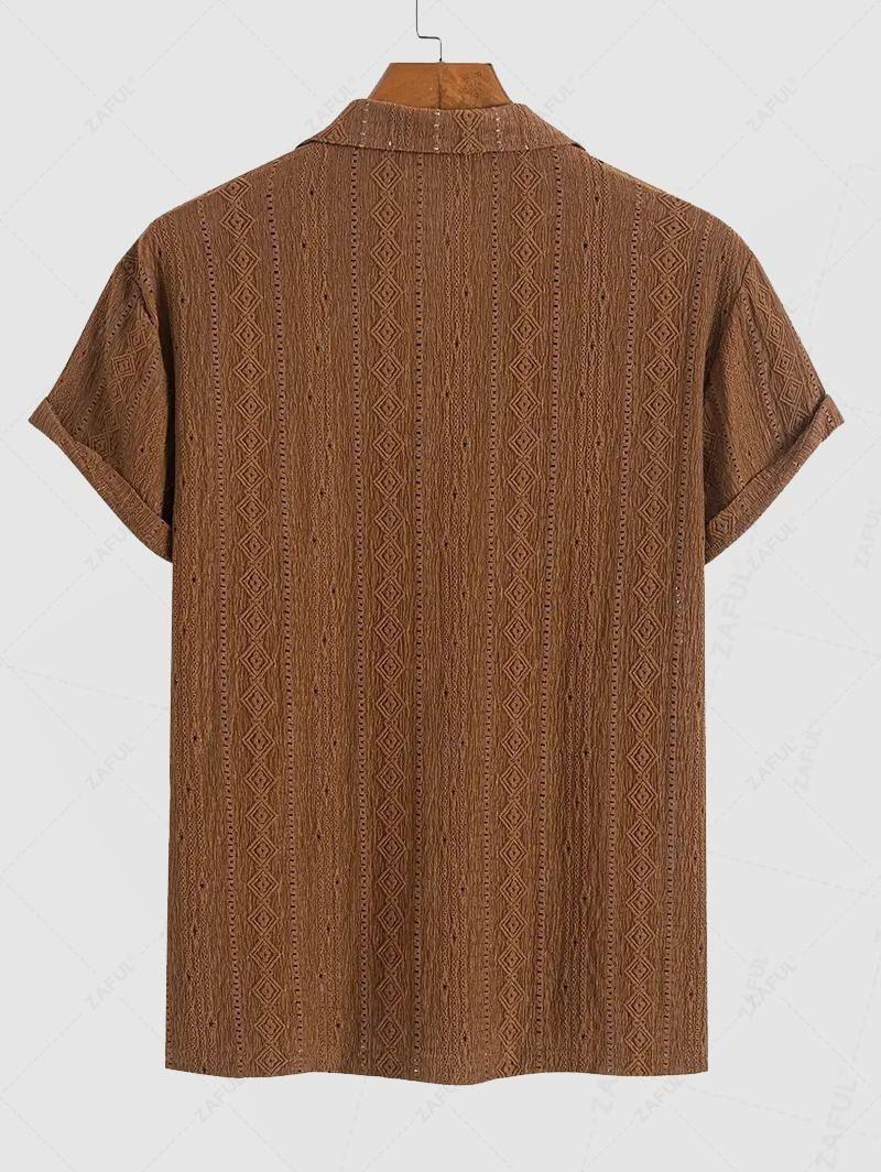 Men\'s Casual Textured Openwork Polo Collar Half Buttoned Short Sleeves Shirt And Cotton and Linen Straight Leg Pants Set   LIGHT GREEN COFFEE