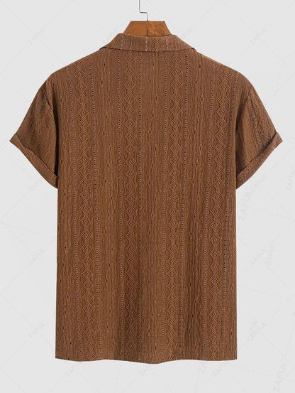 Men\'s Casual Textured Openwork Polo Collar Half Buttoned Short Sleeves Shirt And Cotton and Linen Straight Leg Pants Set   LIGHT GREEN COFFEE