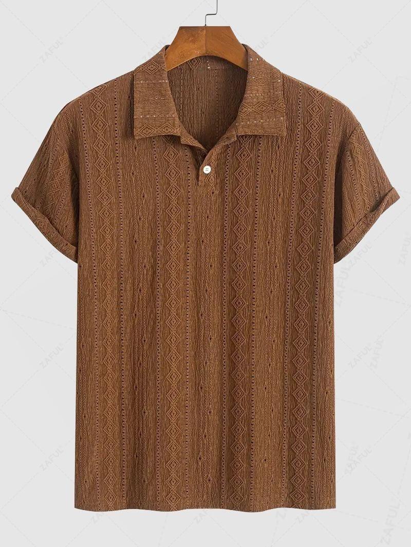 Men\'s Casual Textured Openwork Polo Collar Half Buttoned Short Sleeves Shirt And Cotton and Linen Straight Leg Pants Set   LIGHT GREEN COFFEE