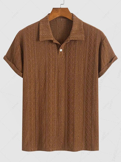 Men\'s Casual Textured Openwork Polo Collar Half Buttoned Short Sleeves Shirt And Cotton and Linen Straight Leg Pants Set   LIGHT GREEN COFFEE