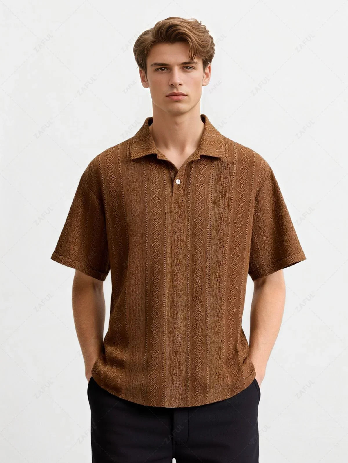 Men\'s Casual Textured Openwork Polo Collar Half Buttoned Short Sleeves Shirt And Cotton and Linen Straight Leg Pants Set   LIGHT GREEN COFFEE