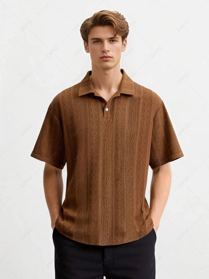 Men\'s Casual Textured Openwork Polo Collar Half Buttoned Short Sleeves Shirt And Cotton and Linen Straight Leg Pants Set   LIGHT GREEN COFFEE